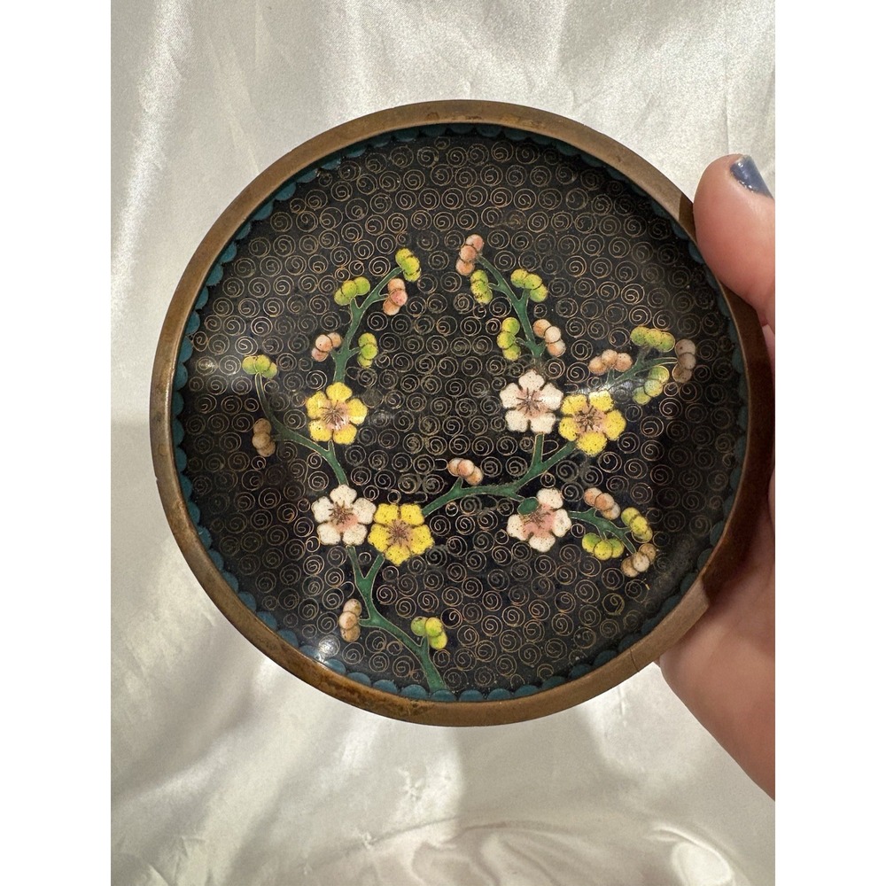 Vtg Chinese Cloisonne 5" Hand Painted Floral Copper Plate Trinket Dish